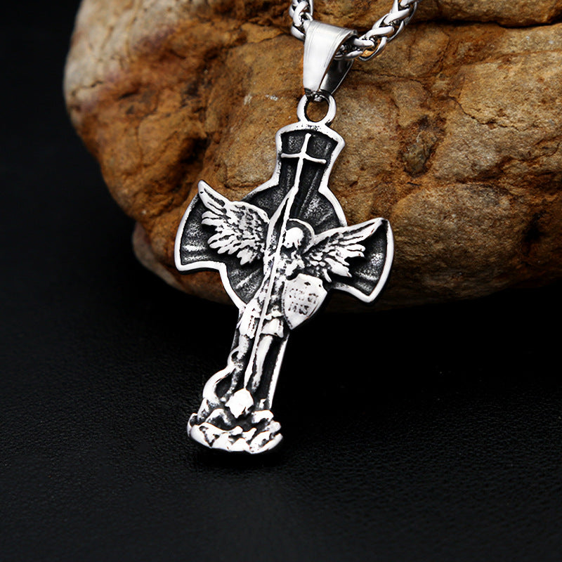Saint Michael Archangel Stainless Steel Necklace – Men’s Cross Pendant, Titanium Steel Statement Jewelry