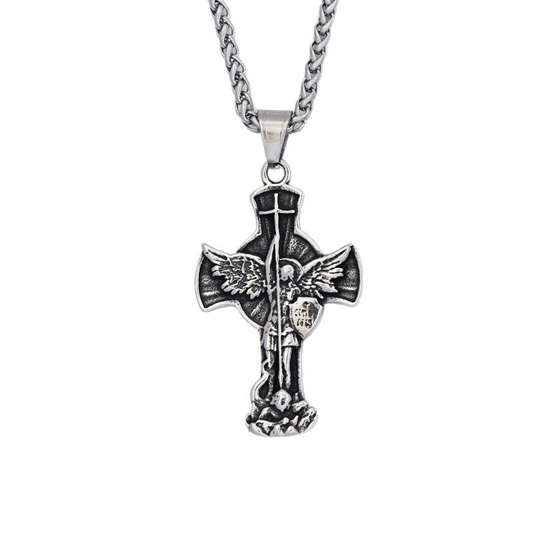 Saint Michael Archangel Stainless Steel Necklace – Men’s Cross Pendant, Titanium Steel Statement Jewelry