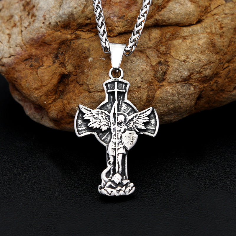 Saint Michael Archangel Stainless Steel Necklace – Men’s Cross Pendant, Titanium Steel Statement Jewelry